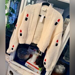 Anthropologie Maje Cream Cardigan with Lipstick Accents